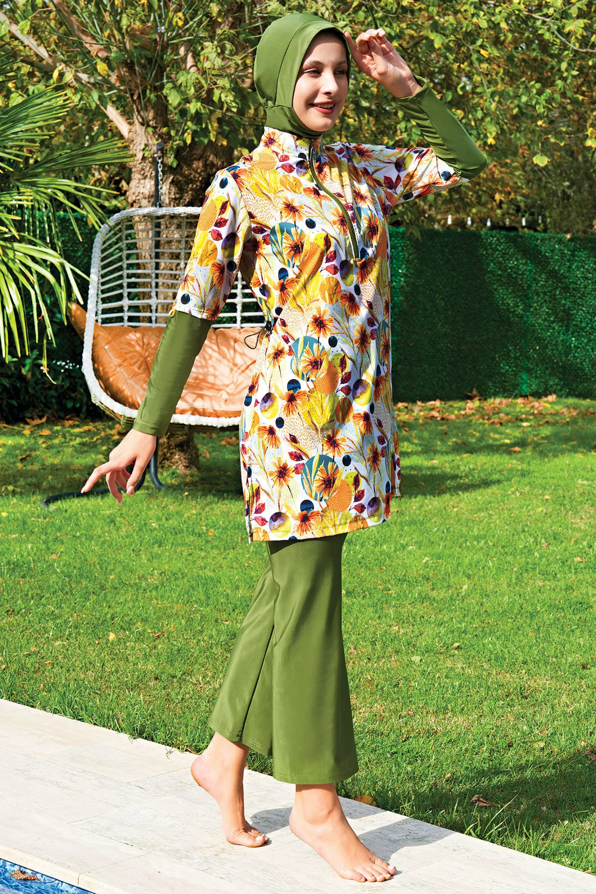 Rukomayo Yeşil Desenli Yarım Fermuarlı